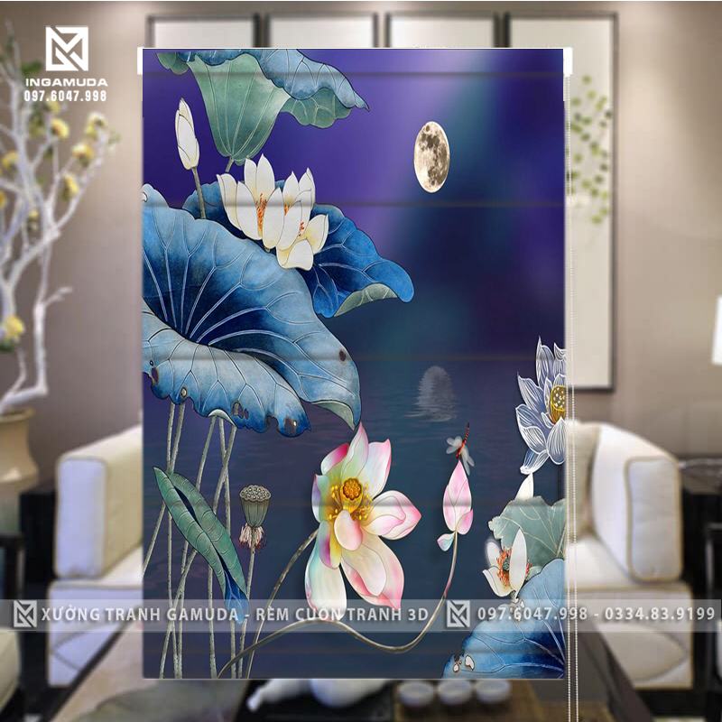 Rèm Roman In Tranh Họa Tiết Hoa Sen Hồng Trên Gam Màu Trầm Biểu Tượng Của Vẻ Đẹp Bình Dị Khiêm Tốn Của Con Người Việt Nam - Rèm Cản Sáng Cản Nhiệt - Xưởng Rèm Gamuda