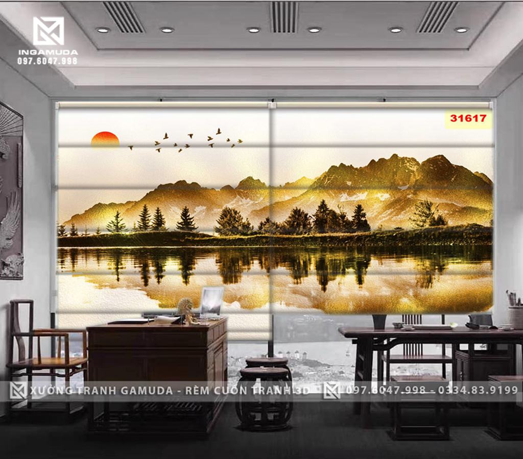 Rèm Roman In Họa Tiết Thiên Nhiên Kì Vĩ Tráng Lệ Của Sông Và Núi -Hàng Thiết Kế Tại Xưởng Rèm Gamuda