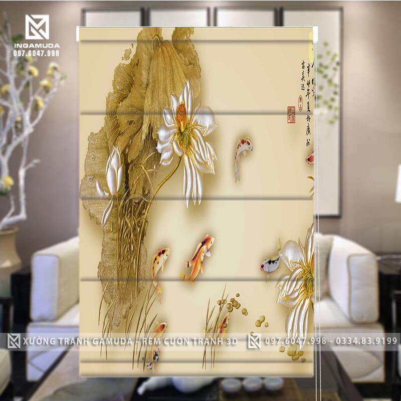 Rèm Roman In Ấn Họa Tiết Hoa Sen Trắng Gắn Liền Với Hình Ảnh Trái Tim Tượng Trưng Cho Tình Yêu Và Sự Từ Bi - Xưởng Rèm Gamuda Chuyên Cung Cấp Cho Các Đại Lý Gía Tốt Nhất Thị Trường