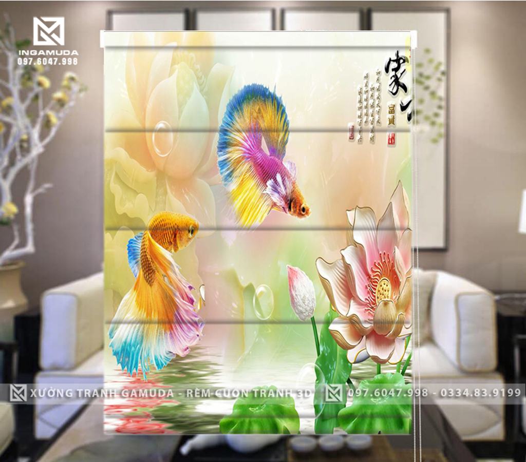 Rèm Roman In Họa Tiết Cá Bảy Màu Cùng Hoa Sen Trên Nền Ngọc Tạo Sự Sang Chảnh Qúy Phái - Rèm Cản Sáng Cản Nhiệt- Xưởng Rèm Gamuda