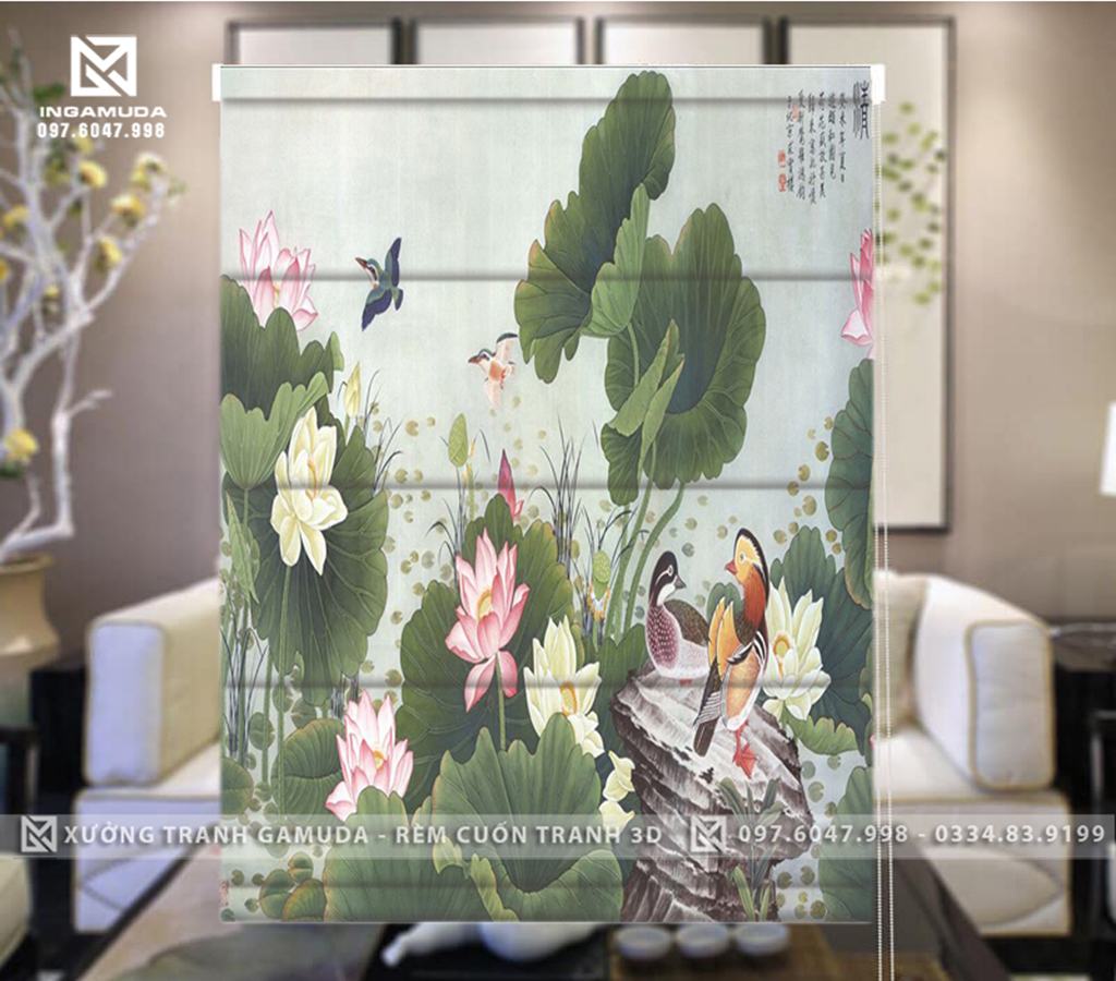 Rèm Roman In Họa Tiết Sen 3D Cùng Đàn Chim Tạo Nên Bức Tranh Thiên Nhiên Tuyệt Đẹp - Xưởng Rèm Gamuda Thiết Kế Hàng Đặt Làm Theo Yêu Cầu