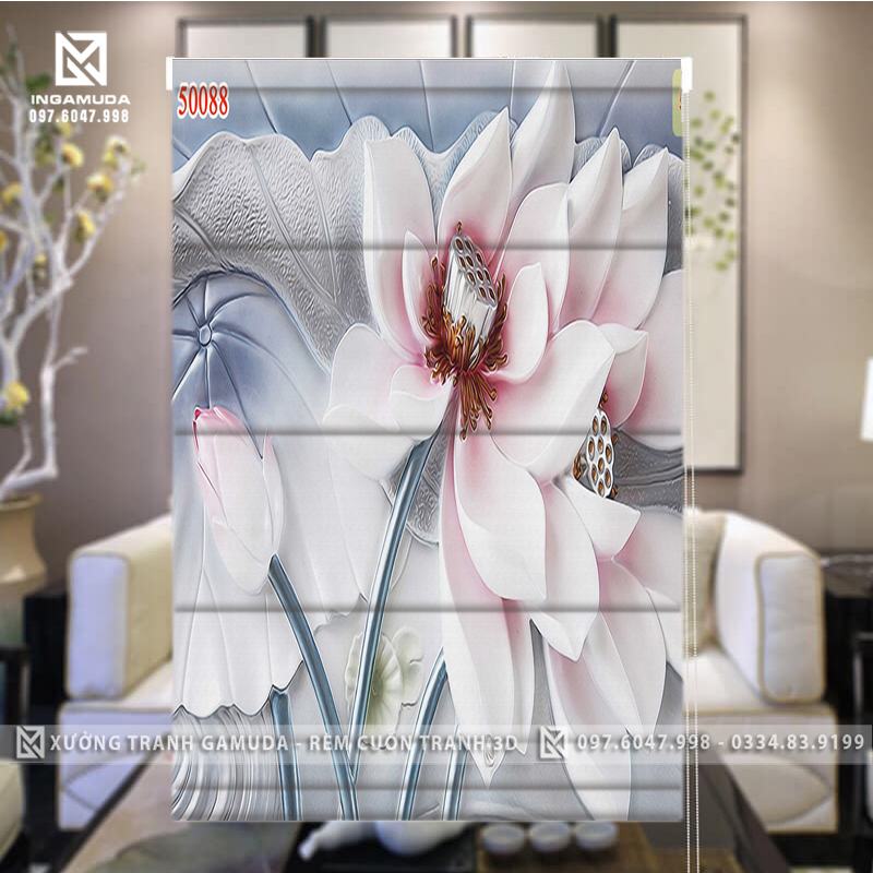 Rèm Roman In Hoa Sen Trắng Tạo Sự Thanh Khiết , Sang Trọng Cho Bức Tranh - Xưởng Rèm Gamuda In Ấn Và Sản Xuất Theo Đơn Đặt Hàng