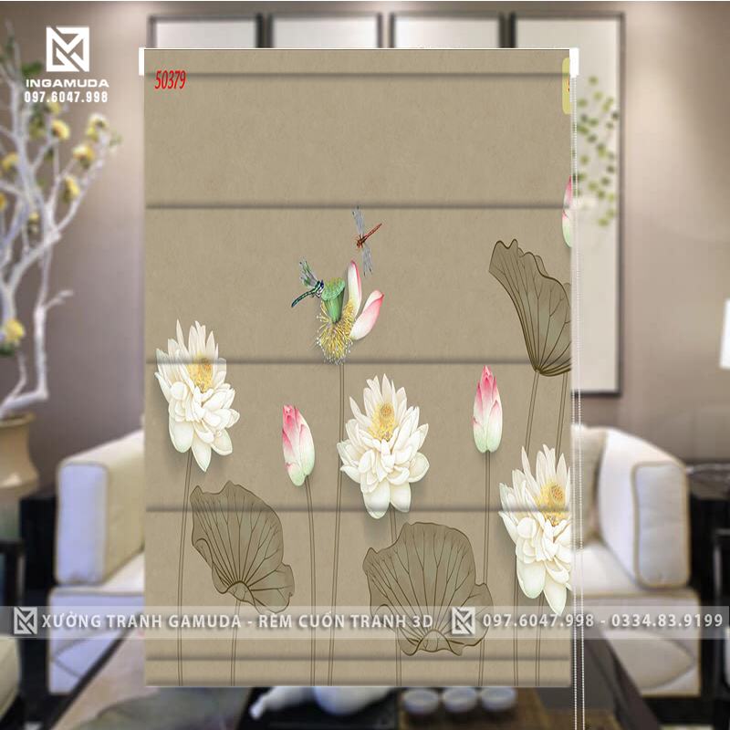 Rèm Roman Họa Tiết 3D In Tranh Hoa Sen Trắng Cùng Chuồn Chuồn Tạo Nên Khung Cảnh Bình Yên Trên Gam Màu Tối - Xưởng Rèm Gamuda