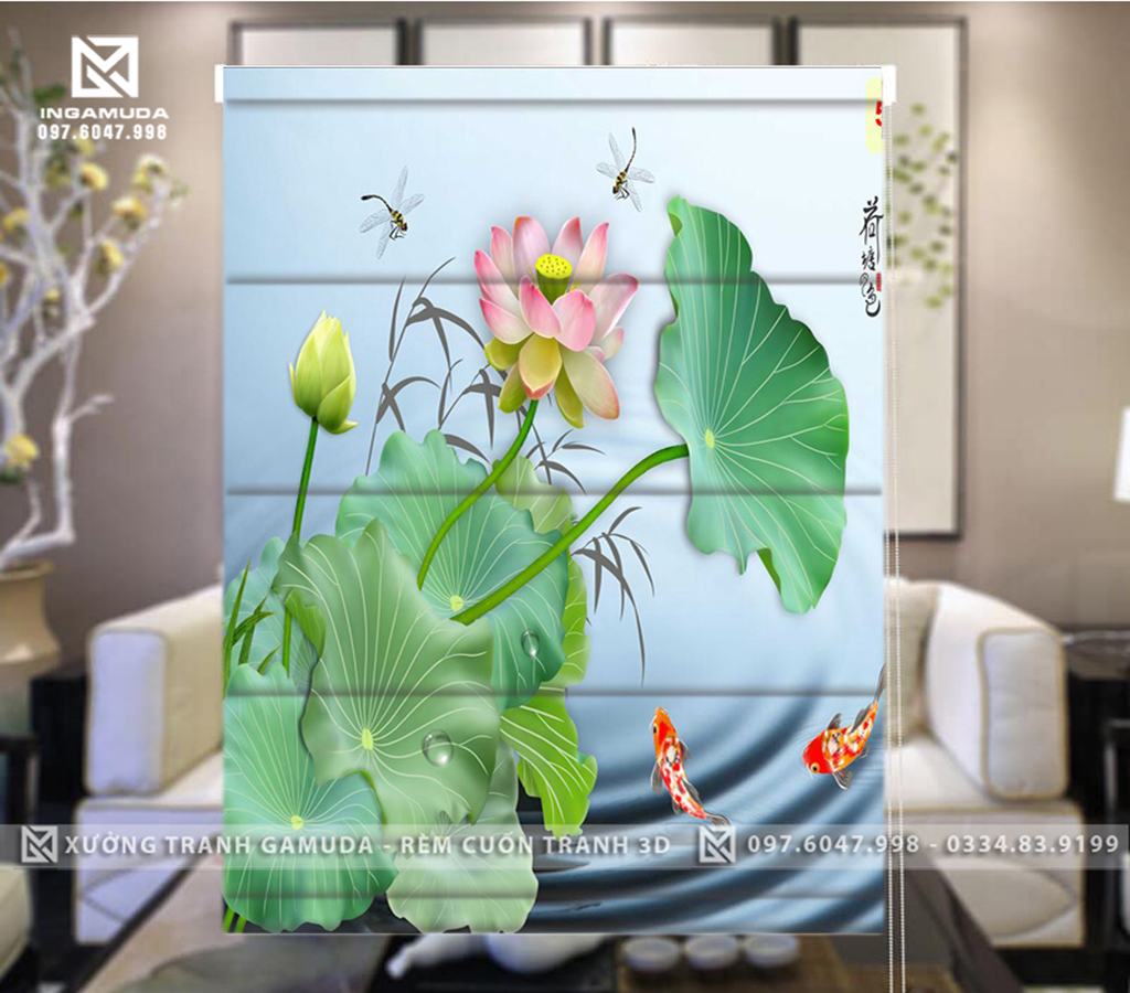 Rèm Roman In Họa Tiết Hoa Sen Biểu Tượng Cho Sự Hòa Bình , Thịnh Vượng - Xưởng Rèm Gamuda In Ấn Và Sản Xuất Theo Đơn Đặt Hàng