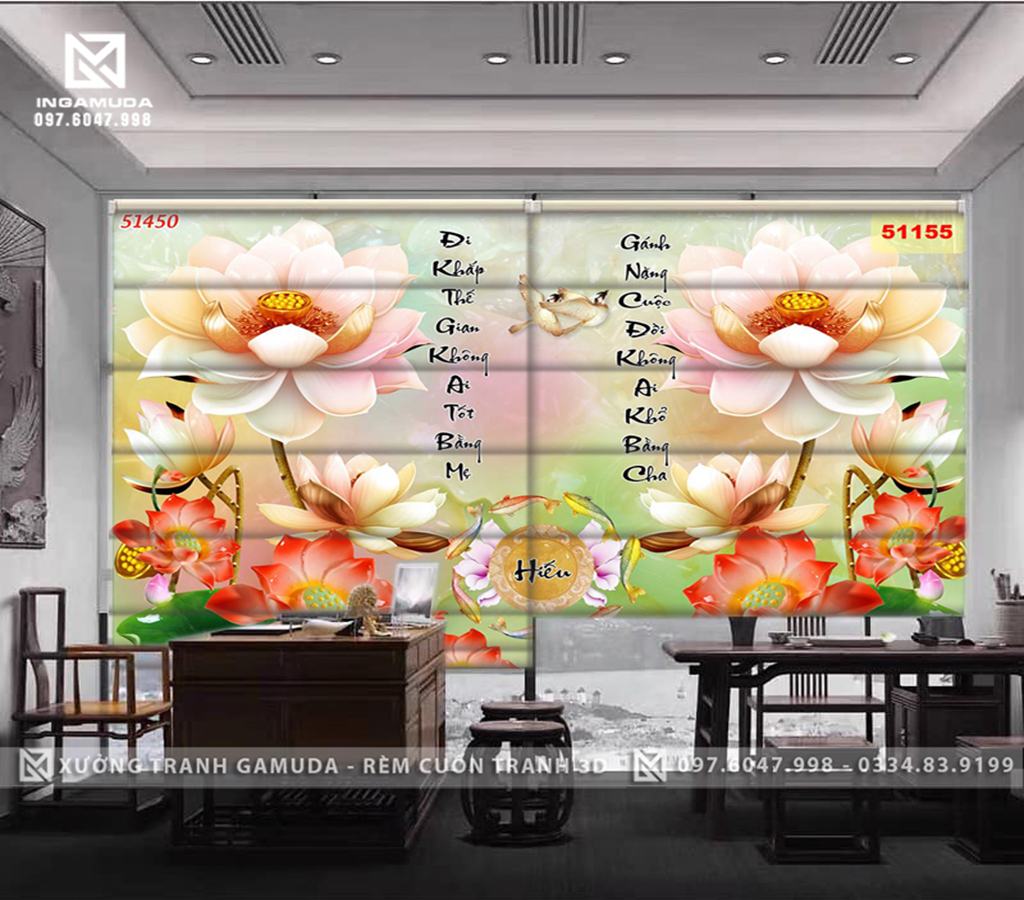 Rèm Cuốn Roman In Họa Tiết Tranh Hoa Sen Hồng Tượng Trưng Cho Lòng Hiếu Thảo, Tình Yêu Của Con Dành Cho Đấng Sinh Thành -Hàng Thiết Kế Tại Xưởng Rèm Gamuda