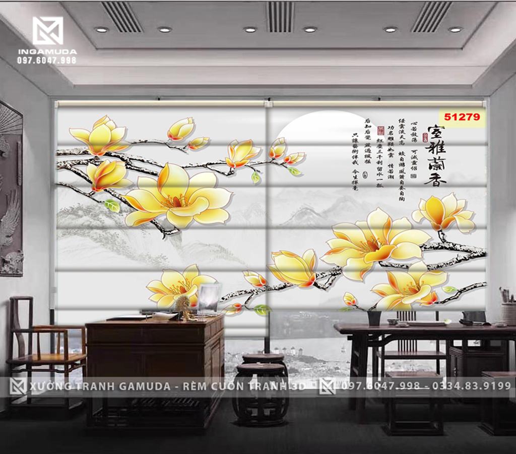 Rèm Roman In Họa Tiết Hoa Mộc Lan Mang Đến Tài Lộc , May Mắn Cho Gia Chủ -Xưởng Rèm Gamuda In Ấn Và Sản Xuất Theo Đơn Đặt Hàng