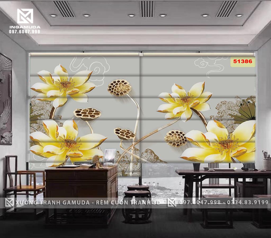Rèm Roman Họa Tiết Hoa Sen Đá Với Gam Màu Vàng Sang Trọng -Xưởng Rèm Gamuda In Ấn Và Sản Xuất Theo Đơn Đặt Hàng