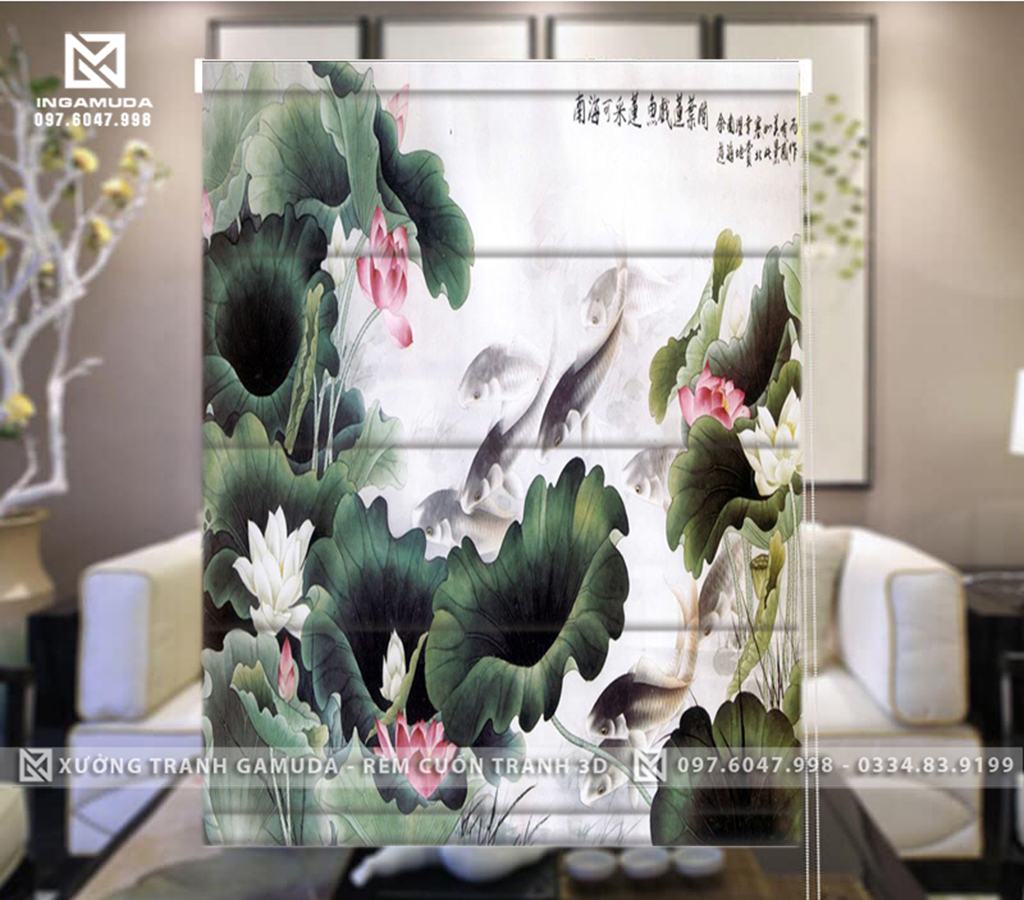 Rèm Roman In Họa Tiết Hoa Sen Tượng Trưng Cho Vẻ Đẹp Của Người Phụ Nữ Việt Nam - Rèm Gamuda In Ấn Và Sản Xuất Theo Đơn Đặt Hàng