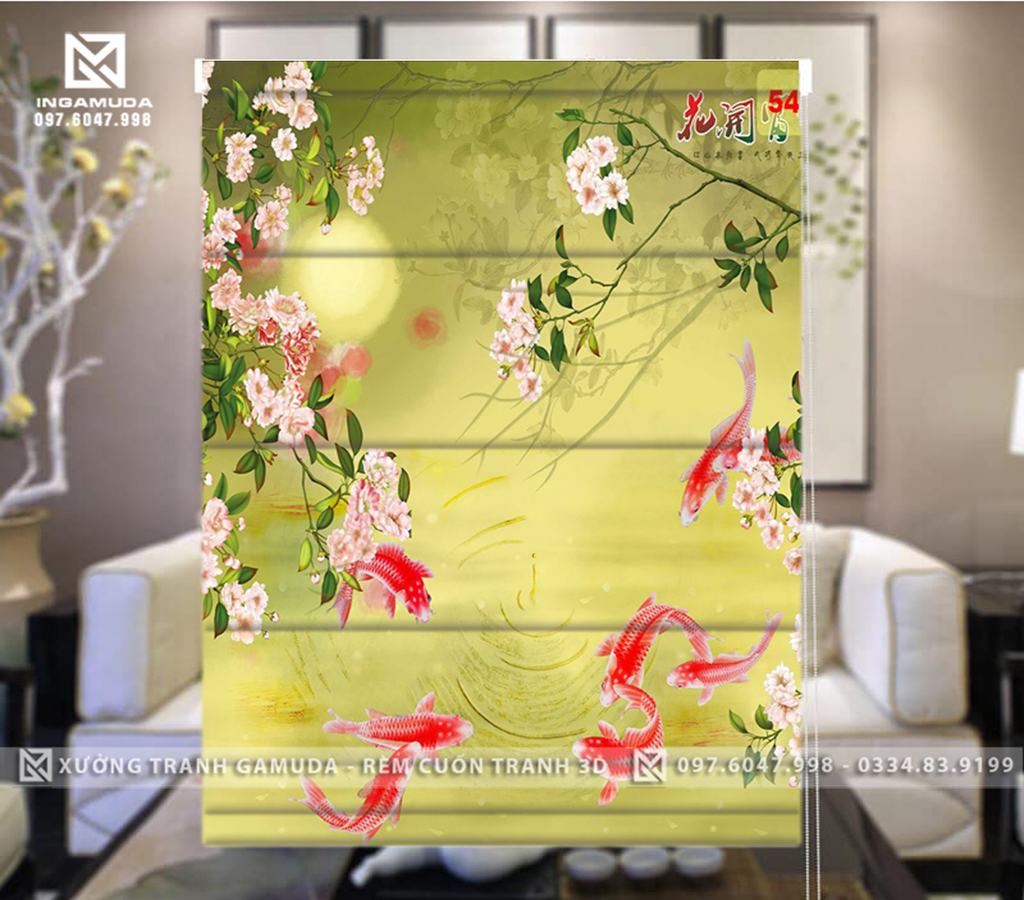 Rèm Roman In Tranh Họa Tiết Hoa 3D Cùng Đàn Cá - Rèm Cản Sáng Cản Nhiệt Xưởng Rèm Gamuda