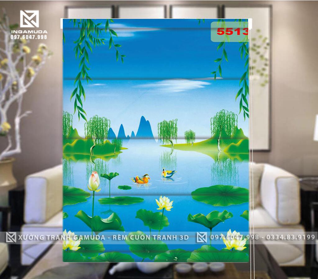 Rèm Roman In Mặt Hồ Cùng Những Bông Sen Trên Gam Màu Xanh - Hàng Thiết Kế Tại Xưởng Rèm Gamuda