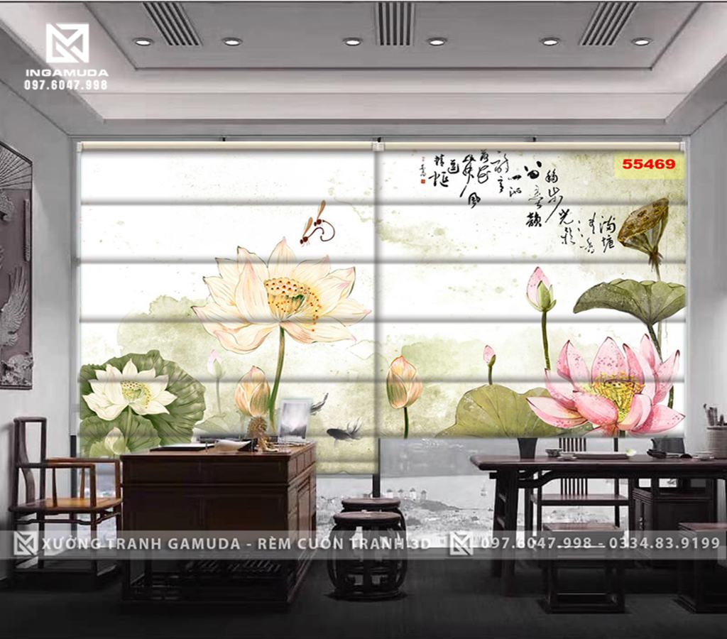 Rèm Roman Họa Tiết Hoa Sen Đá Trên Gam Màu Sáng Tạo Sự Yên Bình, Bình Dị Cho Bức Tranh- Xưởng Rèm Gamuda In Ấn Và Sản Xuất Theo Đơn Đặt Hàng