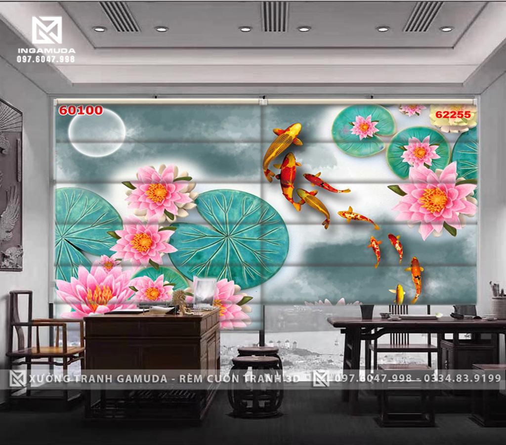 Rèm Roman In Tranh Họa Tiết Hoa Sen Hồng Cùng Đàn Cá Tượng Trưng Cho Sự Từ Bi Và Tình Yêu Cao Thượng -Hàng Thiết Kế Tại Xưởng Rèm Gamuda