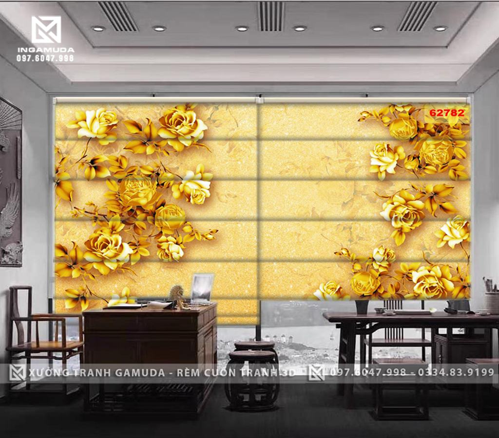 Rèm Roman In Họa Tiết Hoa 3D Vàng Sang Trọng -Xưởng Rèm Gamuda In Ấn Và Sản Xuất Theo Đơn Đặt Hàng