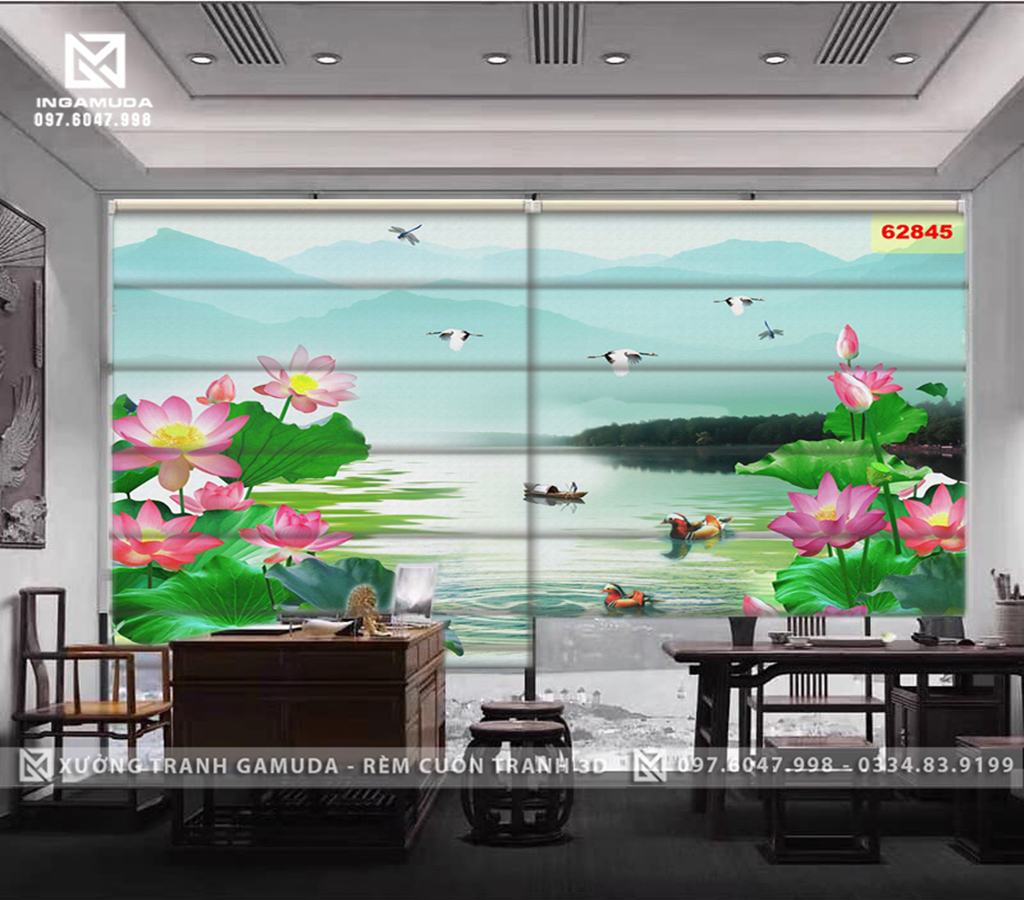 Rèm Roman In Họa Tiết Sen Hồng Cùng Với Những Đàn Chim Và Cảnh Đẹp Thiên Nhiên Kì Vĩ Của Đất Trời- Rèm Cản Sáng Cản Nhiệt Xưởng Rèm Gamuda