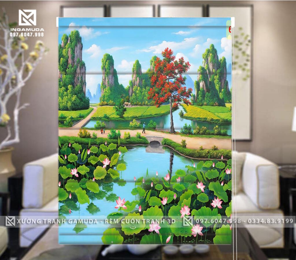 Rèm Roman Họa Tiết In 3D Đầm Sen Cùng Khung Cảnh Thiên Nhiên Kì Vĩ - Xưởng Rèm Gamuda In Ấn Và Sản Xuất Theo Yêu Cầu