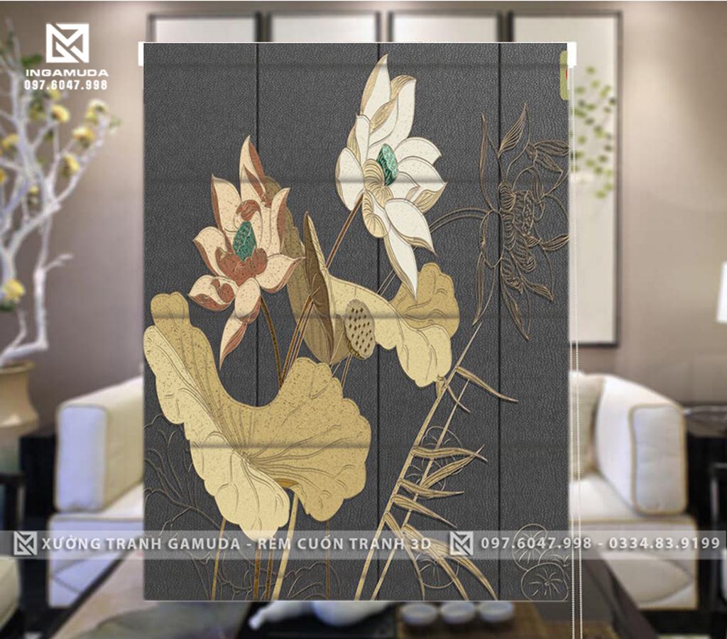 Rèm Roman In Họa Tiết Hoa Sen Trắng Cùng Gam Màu Tối Tạo Sự Yên Bình , Nhẹ Nhàng - Hàng Thiết Kế Tại Xưởng Rèm Gamuda