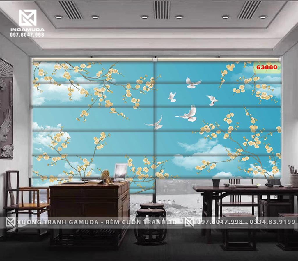 Rèm Roman In Họa Tiết Hoa 3D Trắng Cùng Đàn Chim Bồ Câu Trên Nền Xanh Của Bầu Trời Tạo Sự Bình Yên - Rèm Cản Sáng Cản Nhiệt Xưởng Rèm Gamuda