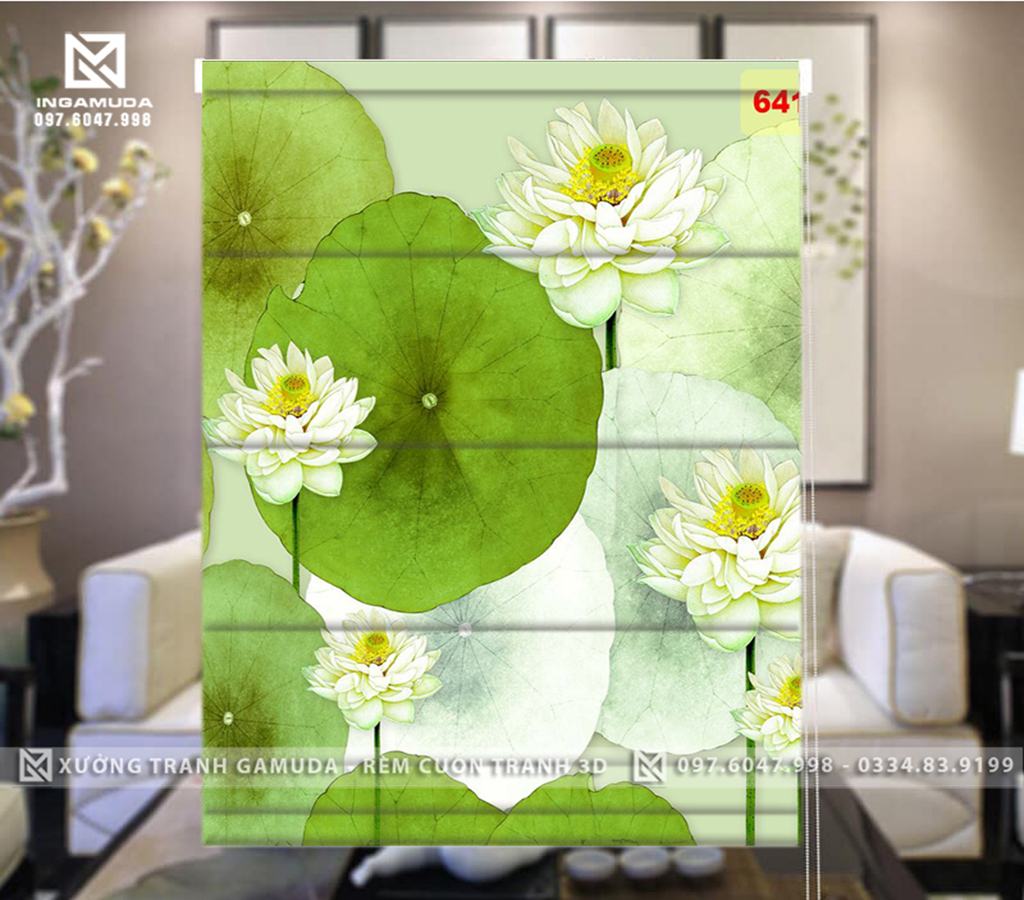 Rèm Roman In Họa Tiết Hoa Sen Trắng Biểu Tượng Cho Sự Tinh Khiết , Thanh Cao Và Bình Dị -Rèm Roman In Họa Tiết Hoa Mẫu Đơn Xanh Là Biểu Tượng Cho Tình Yêu Và Hi Vọng-.Hàng Thiết Kế Tại Xưởng Rèm Gamuda