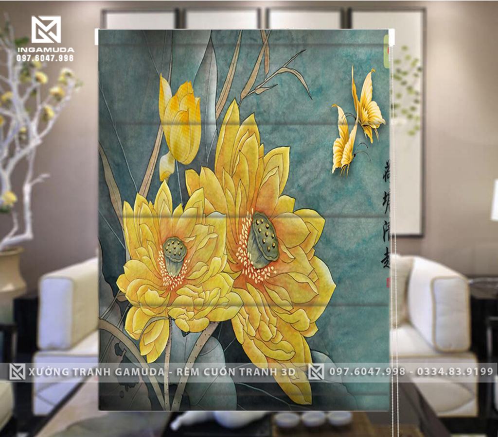 Rèm Roman In Họa Tiết Hoa Sen Vàng Là Biểu Tượng Cho Sự Thuần Khiết , Ý Chí Vươn Dậy Và Sức Sống Tiềm Tàng Của Dân Tộc Ta-Hàng Thiết Kế Tại Xưởng Rèm Gamuda