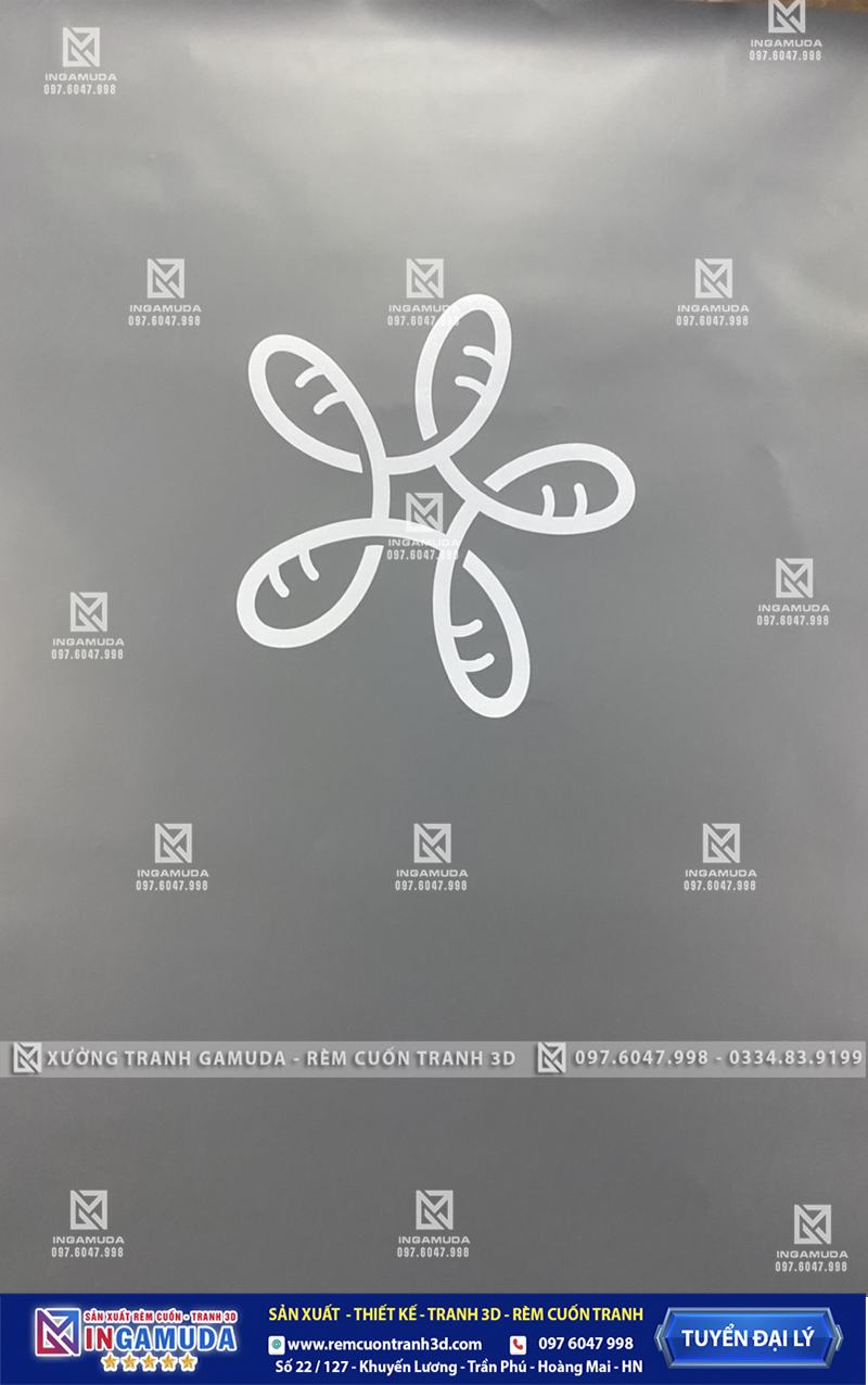 Logo in trên vải rèm cuốn trơn mầu ghi xám