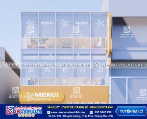 Thiết kế bộ nhận diện thương hiệu rèm cuốn mầu ghi xám in logo mầu trăng cho quán bánh mì Merci