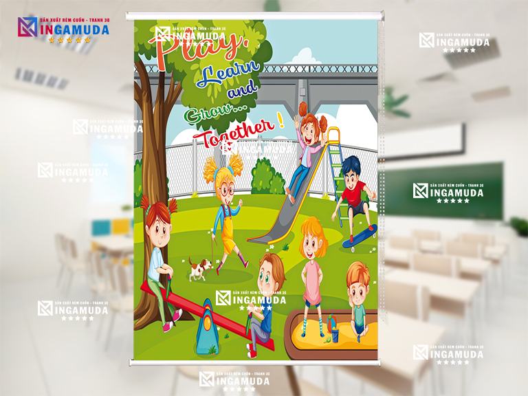 Rèm cuốn tranh in hình bé vui chơi phát triển cùng các bạn qua các trò chơi