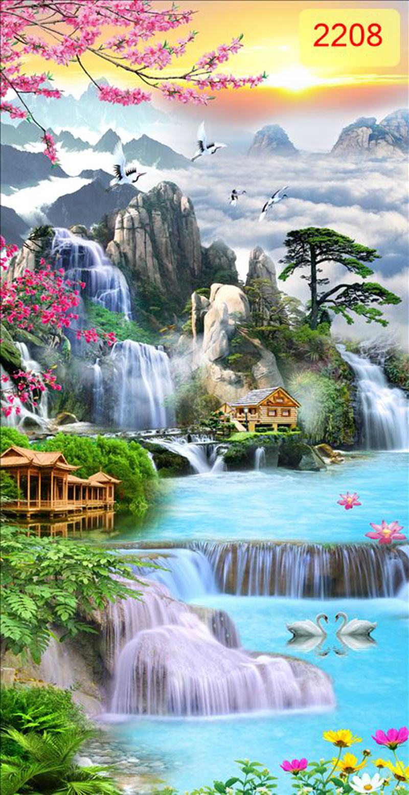 Rèm cuốn tranh 3D sơn thủy hữu tình