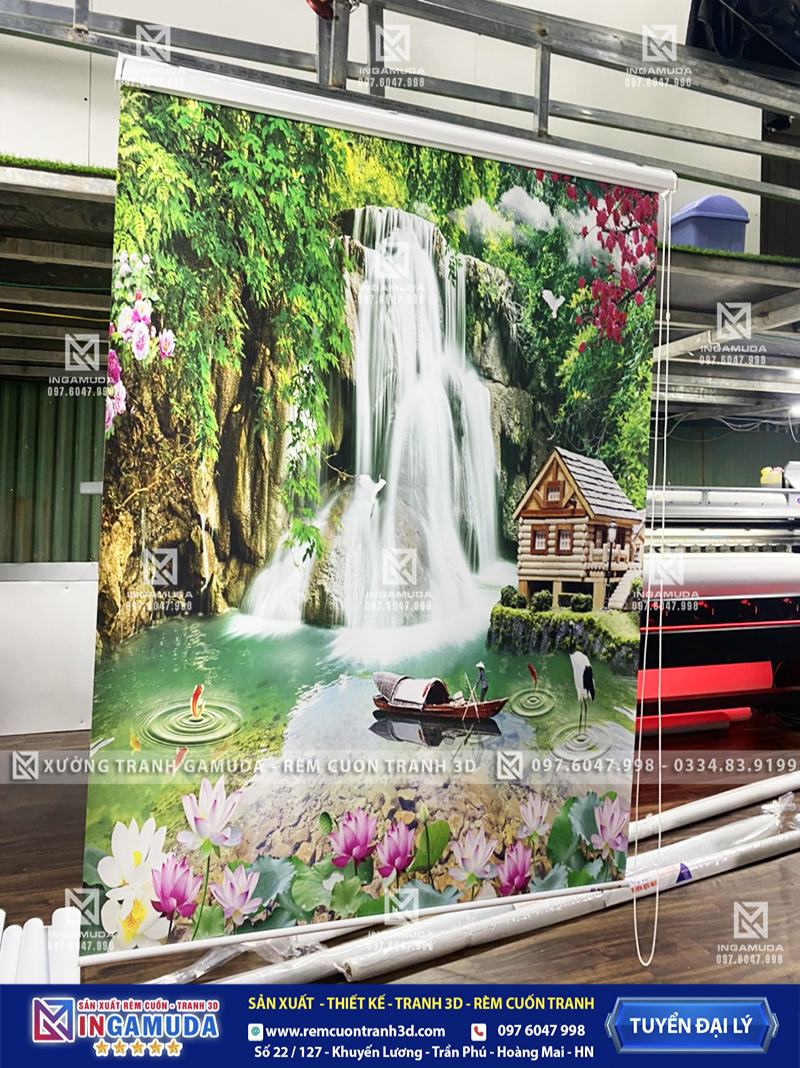 Rem cuốn trang 3D thác nước nhà gỗ