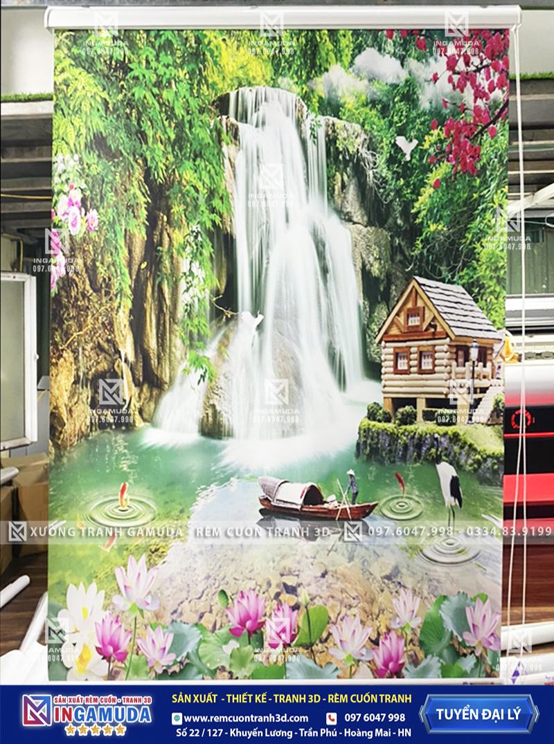 Rèm cuốn tranhg 3D thác nước nhà gỗ con thuyền