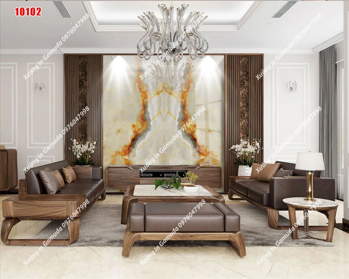 Sản Xuất Tranh Gương Vân Đá Đối Xứng Nền Vàng Sang Trọng