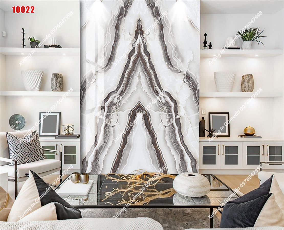 Tranh PVC Tráng Gương Vân Đá Đối Xứng Nền Trắng Biểu Trưng Cho Sự Sang Trọng