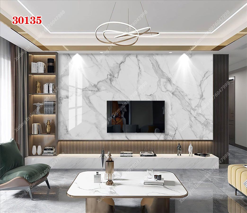 Xưởng Sản Xuất Tranh PVC Với Vân Đá Đơn Sắc Trên Nền Trắng Cùng Ánh Vàng