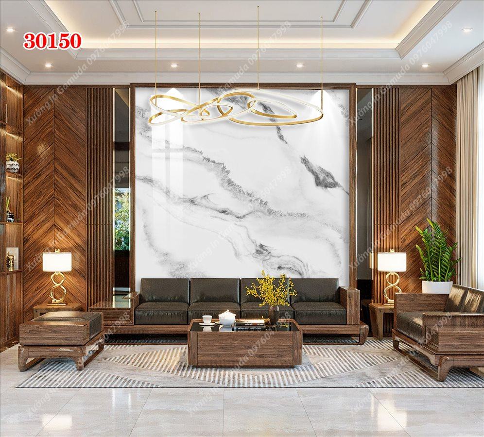 Tranh Gương Phủ Ceramic Vân Đá Đơn Sắc Họa Tiết Cành Cây Trên Nền Trắng