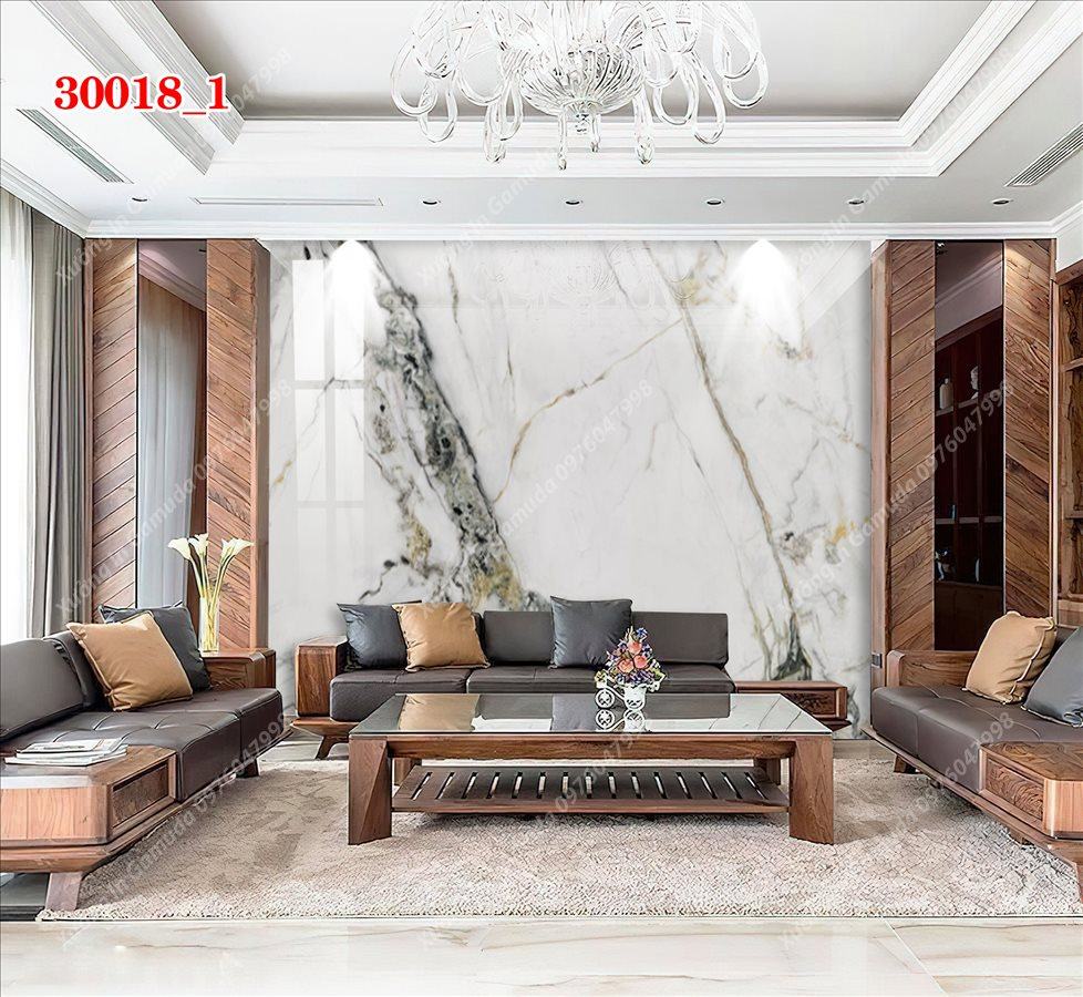 Tranh Gương Phủ Ceramic Vân Đá Đơn Sắc Họa Tiết Cành Cây Trên Nền Trắng