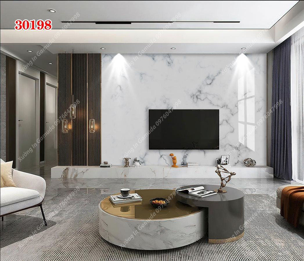 Xưởng Sản Xuất Tranh PVC Với Vân Đá Đơn Sắc Trên Nền Trắng Cùng Ánh Vàng