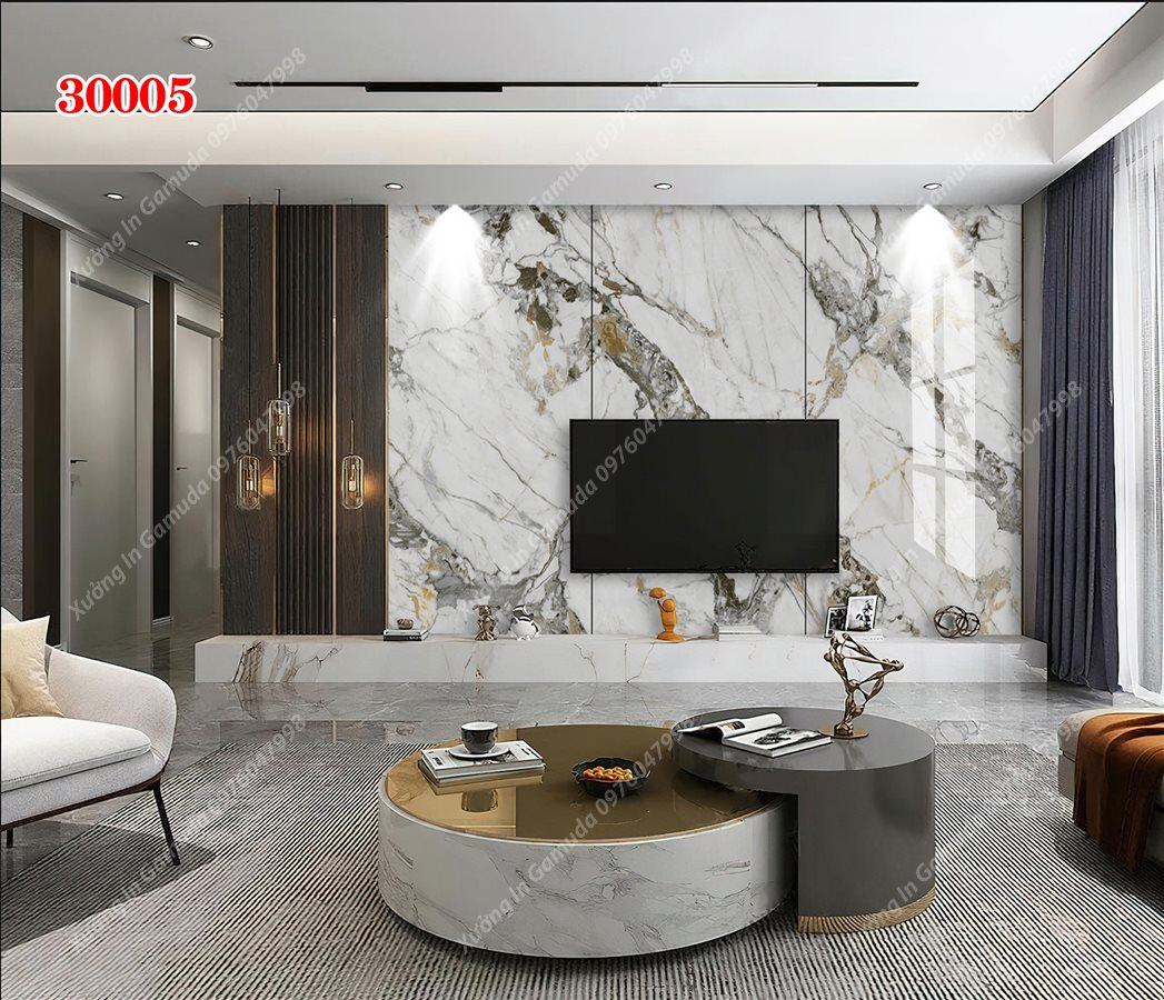 Tranh Gương Phủ Ceramic Vân Đá Đơn Sắc Họa Tiết Cành Cây Trên Nền Trắng