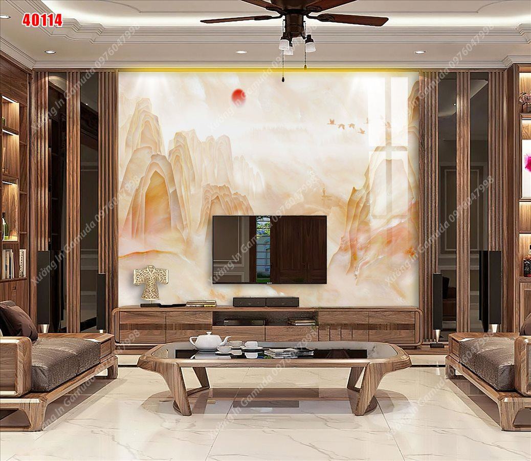 Tranh Xuất Tranh Gương In Hình Vân Đá Sơn Thủy Hữu Tình Có Đàn Hạc Đang Bay