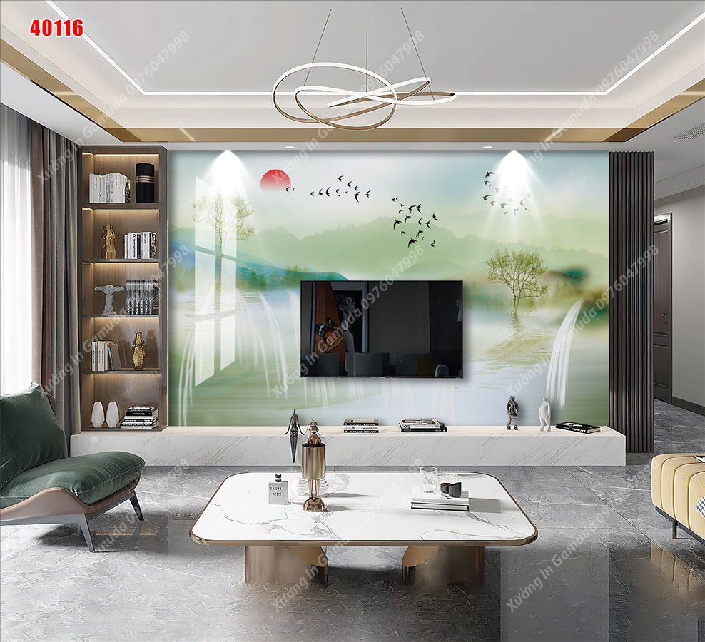 Tranh Xuất Tranh Gương In Hình Vân Đá Sơn Thủy Hữu Tình Có Đàn Én Đang Bay Trên Bầu Trời Trong Xanh 