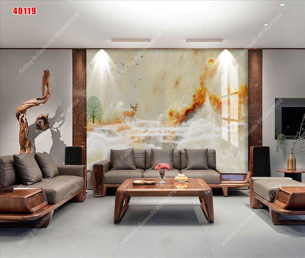 Tranh PVC In Hình Vân Đá Sơn Thủy Hữu Tình Phong Cách Hiện Đại Có Chú Huơu Đang Đứng Trên Những Đám Mây 