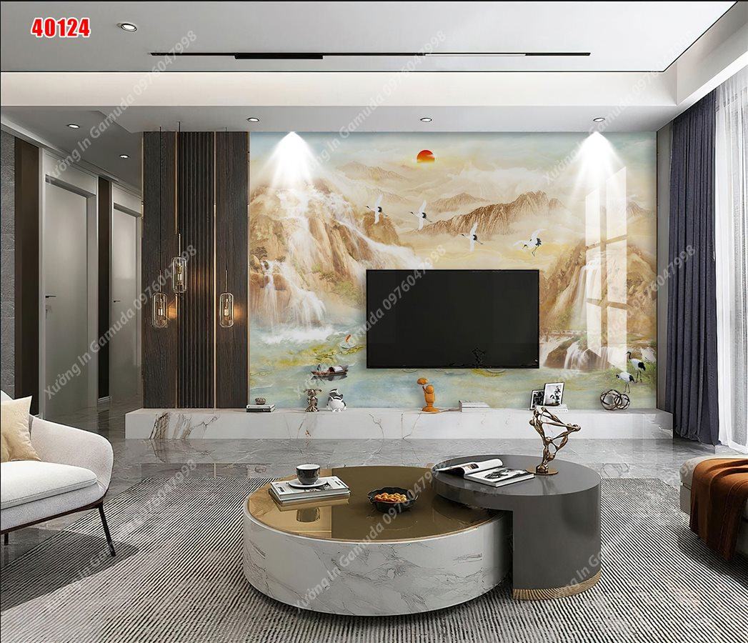 Tranh Xuất Tranh Gương In Hình Vân Đá Sơn Thủy Hữu Tình Có Bóng Đàn Hạc Đang Bay