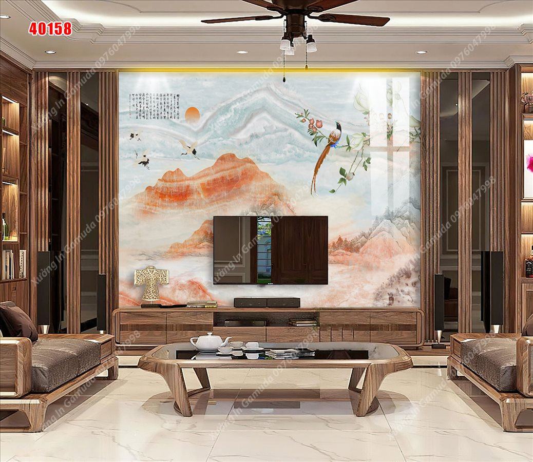 Tranh Gương Phủ Ceramic In Hình Vân Đá Sơn Thủy Hữu Tình Hiện Đại