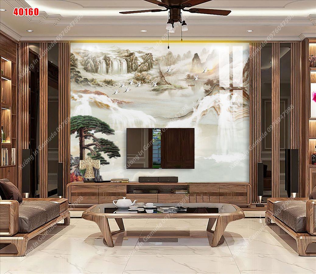 Tranh Xuất Tranh Gương In Hình Vân Đá Sơn Thủy Hữu Tình Có Đàn Hạc Đang Bay