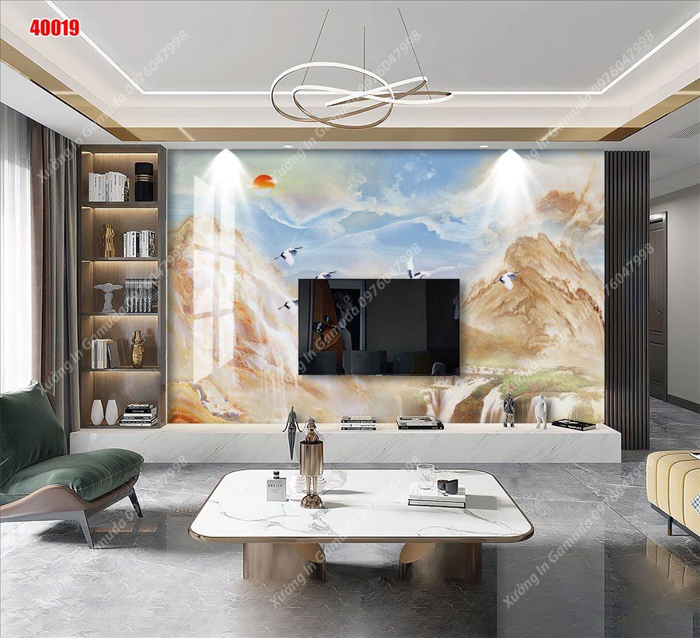  Tranh Xuất Tranh Gương In Hình Vân Đá Sơn Thủy Hữu Tình Có Đàn Hạc Đang Bay 