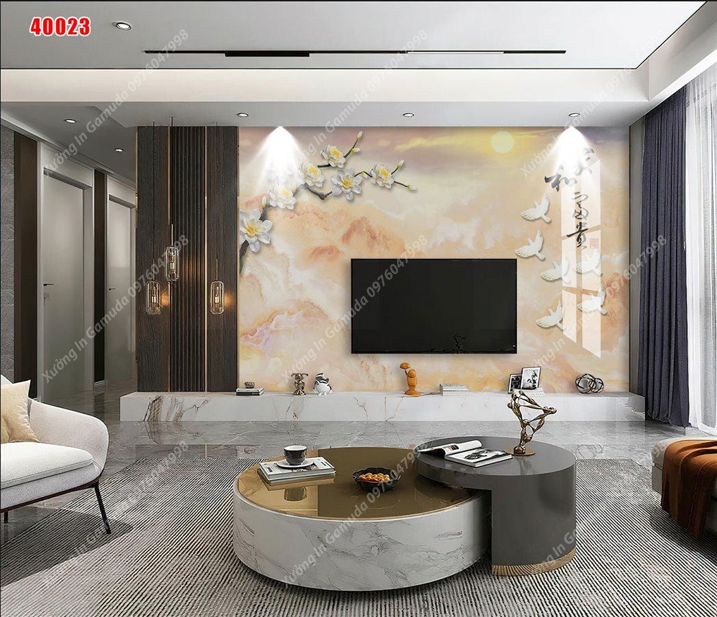  Sản Xuất Tranh PVC In Hình Sơn Thủy Hữu Tình Có Hoa 3D Vân Đá Và Có Đàn Bồ Cầu Đang Bay 