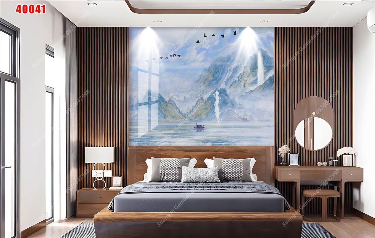 Tranh Xuất Tranh Gương In Hình Vân Đá Sơn Thủy Hữu Tình Có Bóng Đàn Hạc Đang Bay