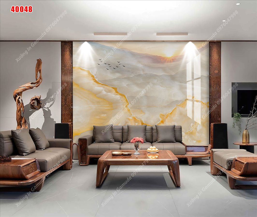 Tranh PVC Tráng Gương Vân Đá In Hình Sơn Thủy  Nền Trắng Biểu Trưng Cho Sự Sang Trọng