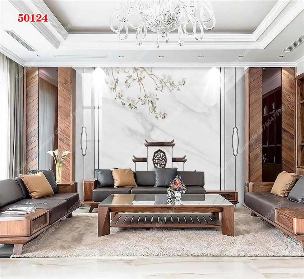 Tranh Ceramic Vân Đá Và Hoa Trên Nền Sương - In Ấn Và Thiết Kế Theo Yêu Cầu