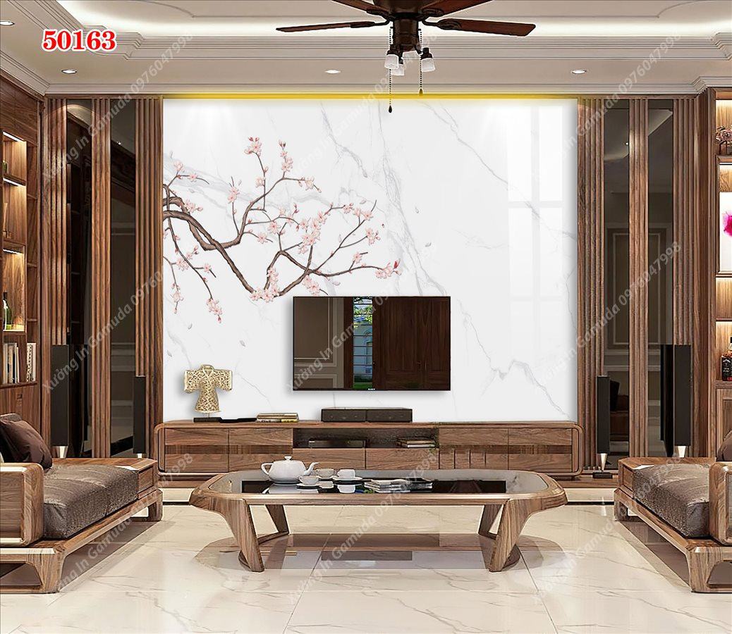 Tranh Gương Phủ Ceramic Vân Đá Và Hoa Trắng Sang Trọng- Phục Vụ Nhiệt Tình 24/24h