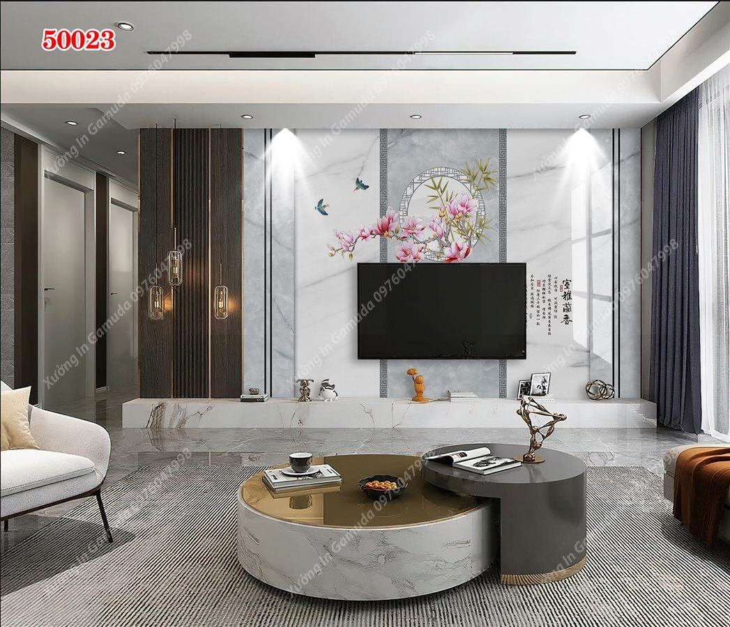 Tranh Ceramic Vân Đá Và Hoa Trên Nền Sương - In Ấn Và Thiết Kế Theo Yêu Cầu