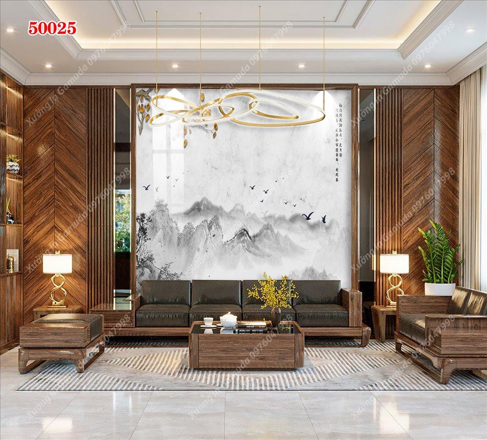 Tranh Ceramic Vân Đá Và Hoa Trên Nền Sương - In Ấn Và Thiết Kế Theo Yêu Cầu